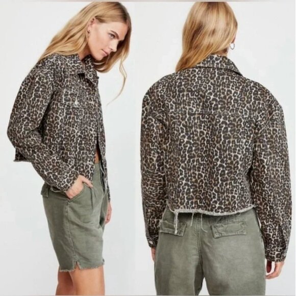 Free People Cheetah Leopard Cropped Denim Jacket Raw Edge L $108 - Picture 1 of 5
